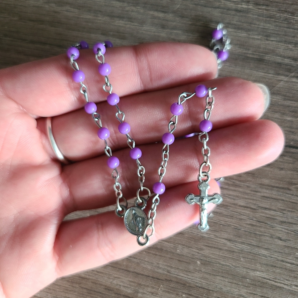 Purple Beaded Rosary Necklace